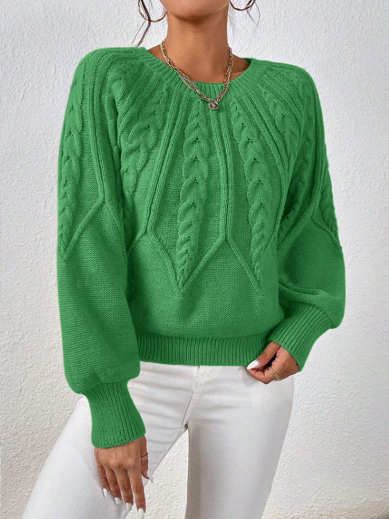 Crew Neck Cable Knit Sweater, Long Lantern Sleeve Loose Solid Pullover