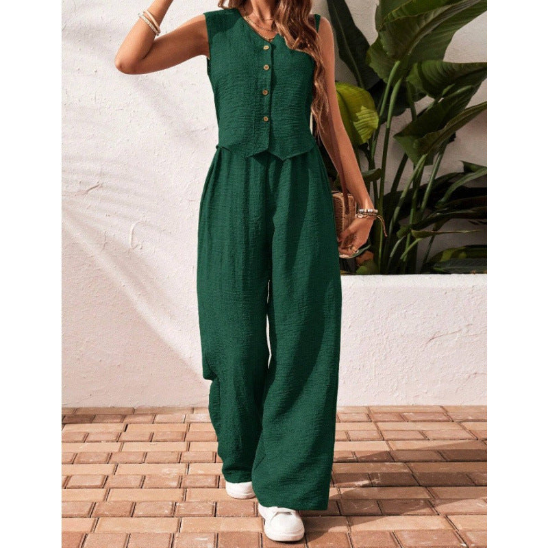 Green V-Neck Button Vest & Wide-Leg Pants Two-Piece Set