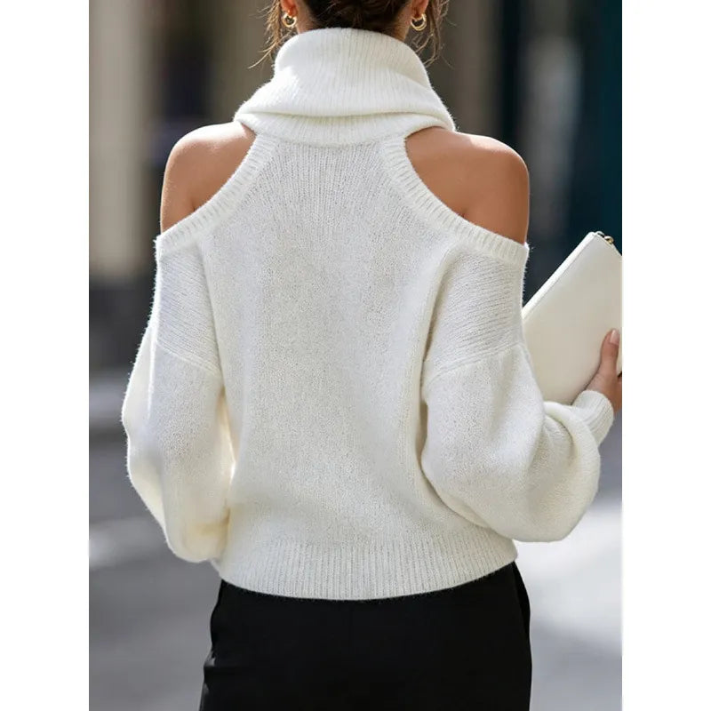 Cream Cold Shoulder Turtleneck Sweater Loose Fit Long Balloon Sleeve Knit Jumper for Fall Winter