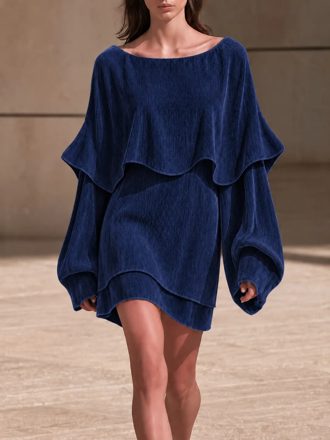 Navy Blue Ruffle Layered Mini Dress Boat Neck Balloon Long Sleeve Loose Shift Dress