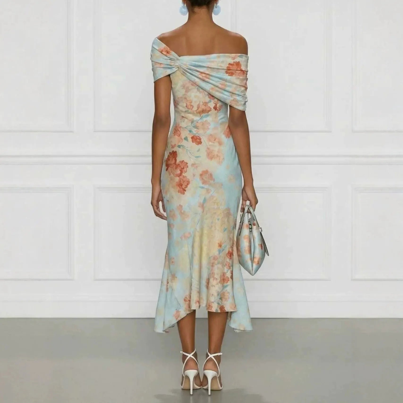 Floral Print Off Shoulder Short Sleeve Mid Waist Slim Mermaid Midi Dress