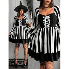Halloween Beetlejuice Striped Dress, Goth Corset Front Puff Long Sleeve Flared Ruffle Short Dress