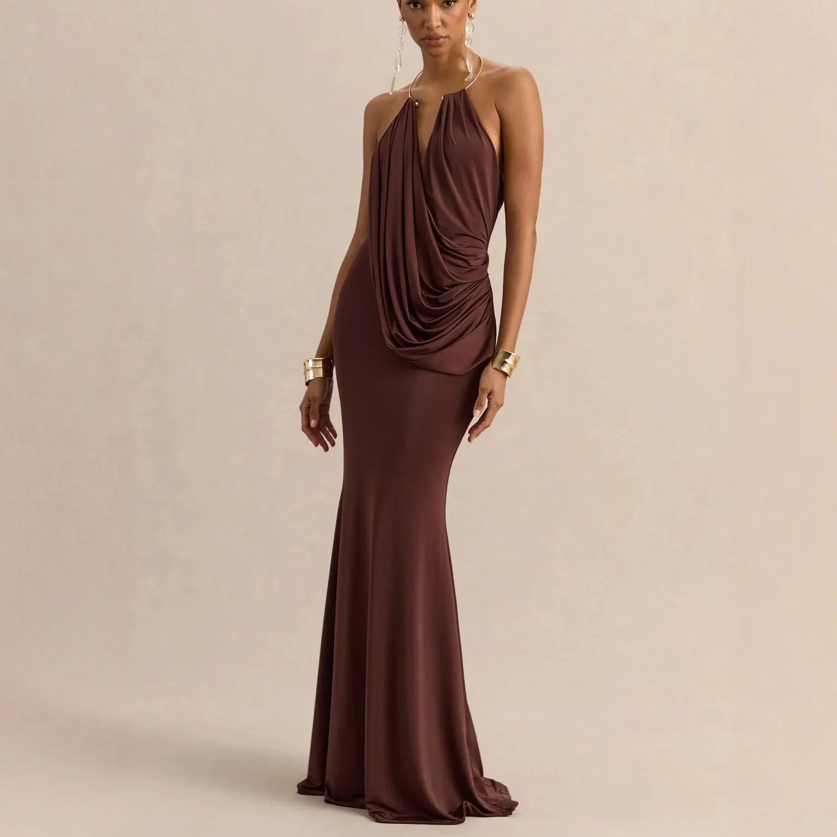 Solid Color Halter Neck Ruched Mermaid Maxi Dress