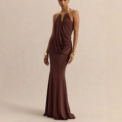 Solid Color Halter Neck Ruched Mermaid Maxi Dress