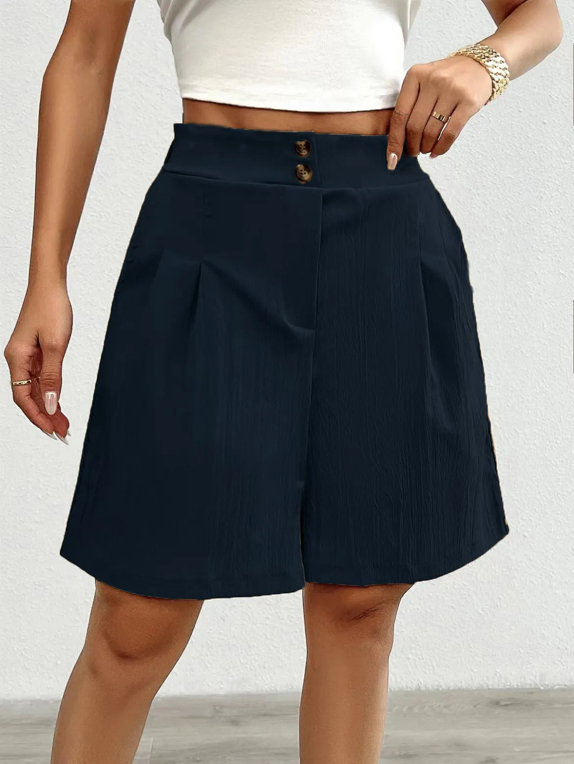High Waist Double Button Pleated Casual Bermuda Shorts