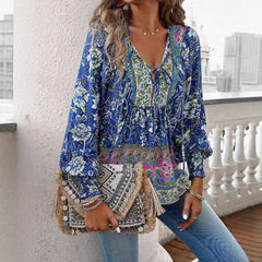 Boho Floral V-Neck Long Sleeve Loose Blouse