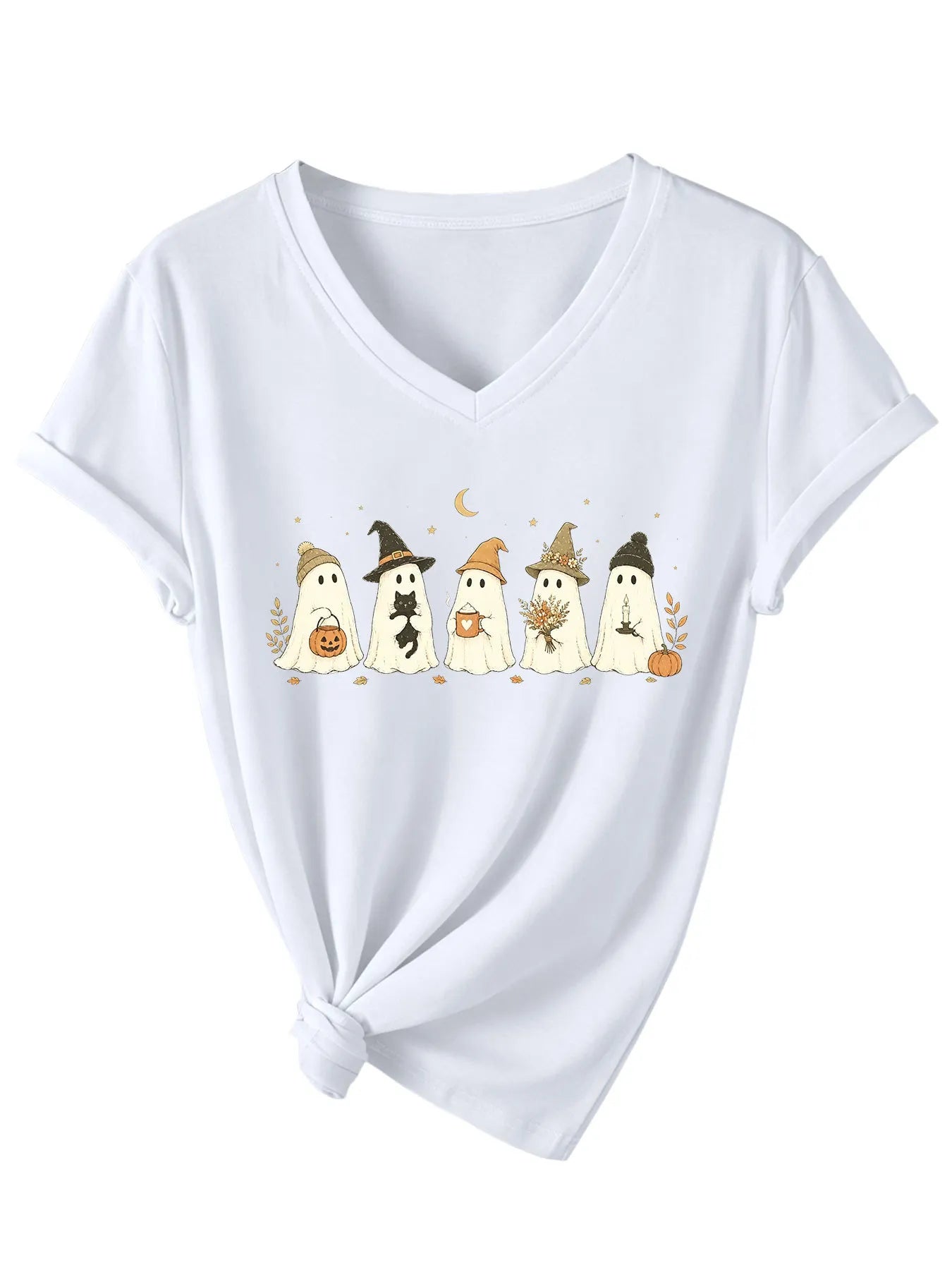 Cute Fall Ghosts Halloween V‑Neck T‑Shirt