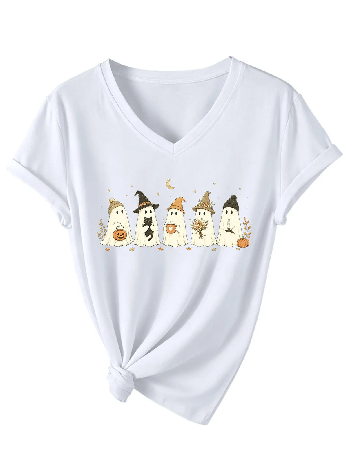 Cute Fall Ghosts Halloween V‑Neck T‑Shirt