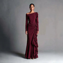 White Off Shoulder Long Sleeve Mermaid Maxi Dress With Cascading Ruffles