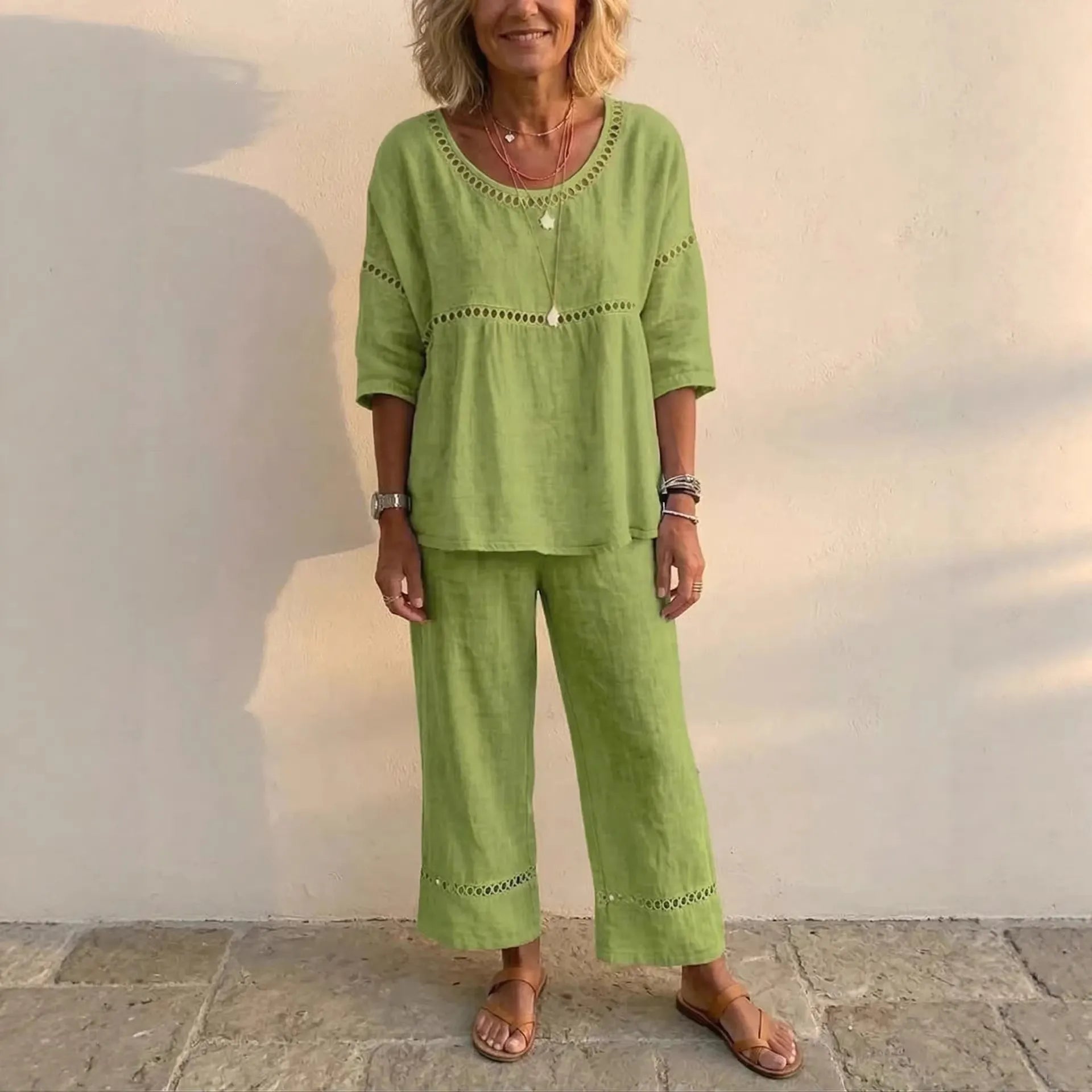 Linen Blend Eyelet 2-Piece Set, Round Neck Blouse and Wide Leg Pants