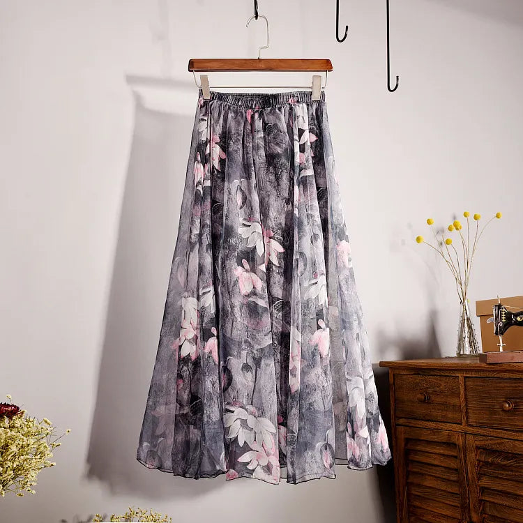 Floral Print Chiffon Maxi Skirt High Waist Flowy A-Line Skirt