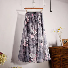 Floral Print Chiffon Maxi Skirt High Waist Flowy A-Line Skirt