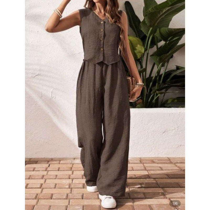 Green V-Neck Button Vest & Wide-Leg Pants Two-Piece Set