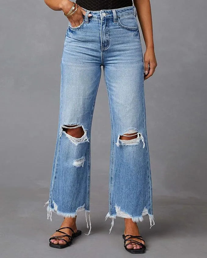 High Waist Frayed Raw Hem Distressed Denim Pants