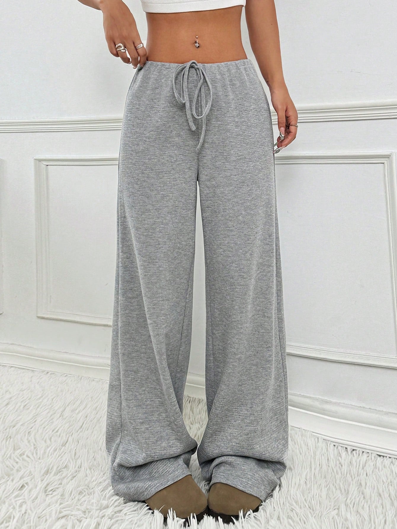 Striped Drawstring Waist Loose Straight Leg Casual Pants