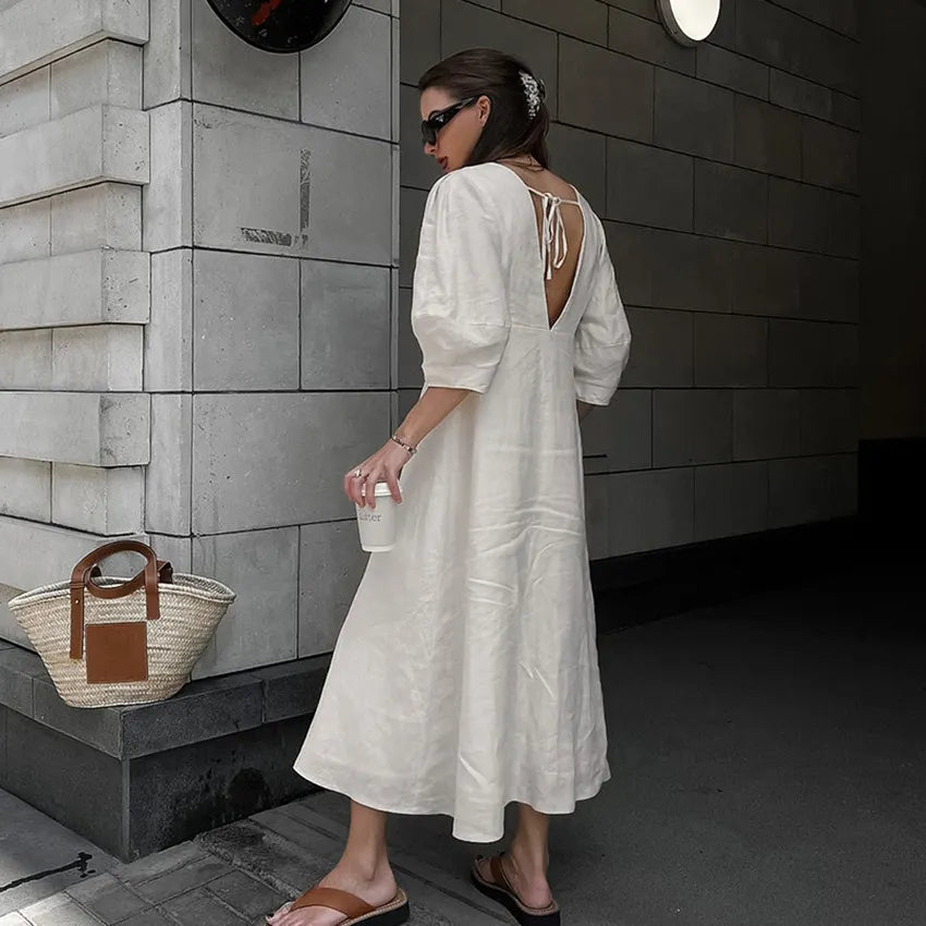 Solid V-Neck Bubble 3/4 Sleeve Single Breasted Back Tie A-Line Cotton Linen Maxi Dress