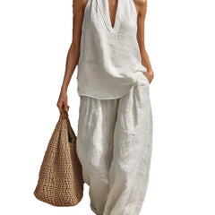 Solid Halter Neck Sleeveless Top & Wide Leg Pants Two-Piece Set