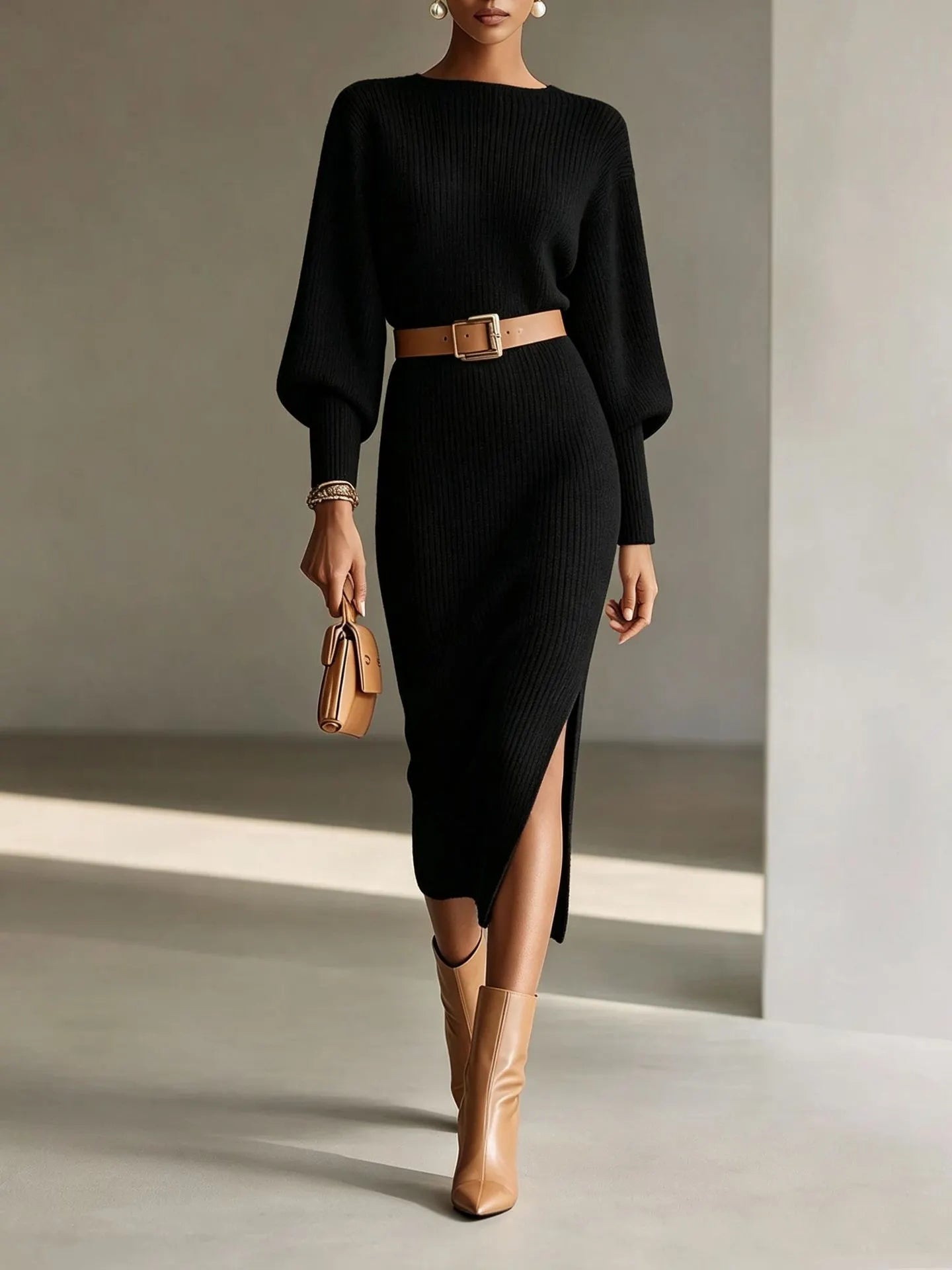 Boat Neck Batwing Sleeve Knit Midi Dress