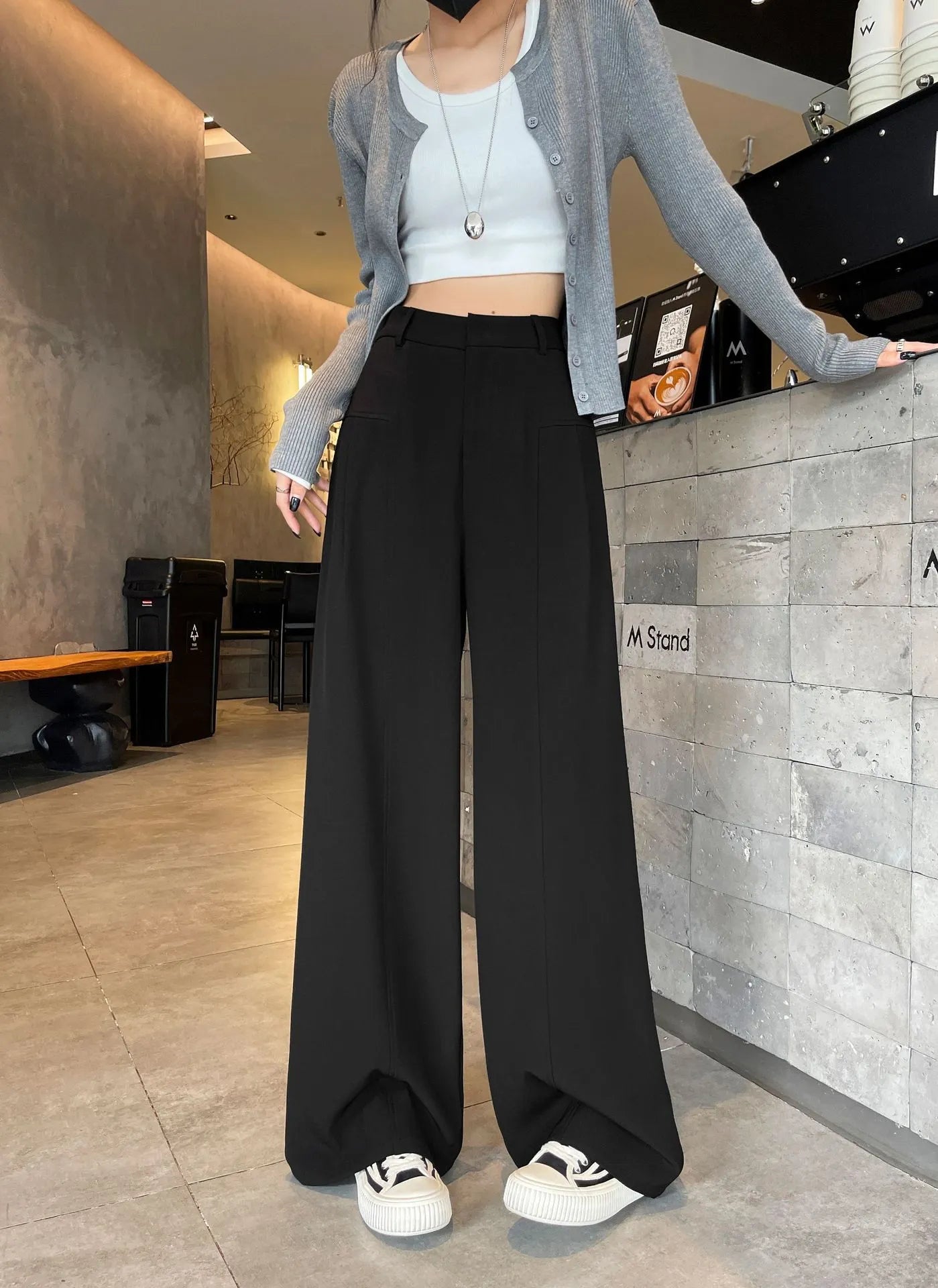 Matching Flowy Linen Look Mid Waist Pleated Wide Leg Straight Commuter Casual Long Pants