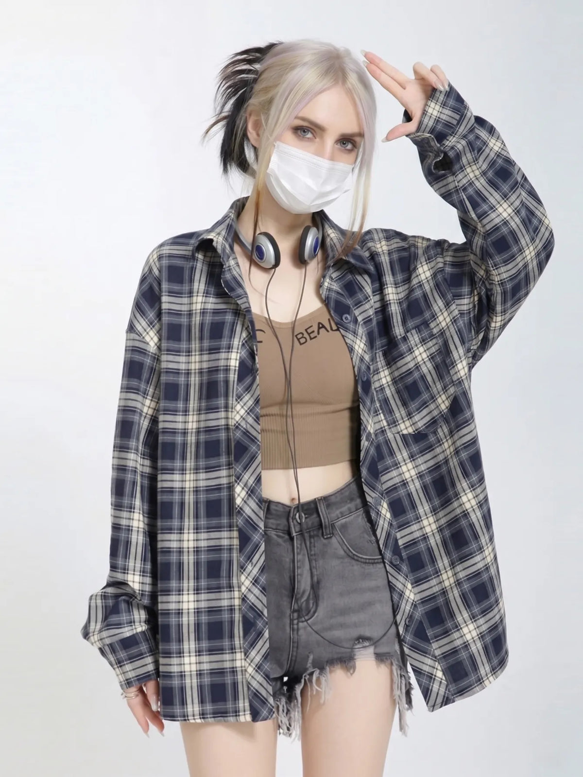 Loose Fit Navy Tartan Plaid Shirt, Oversized Longline Casual Streetwear Blouse