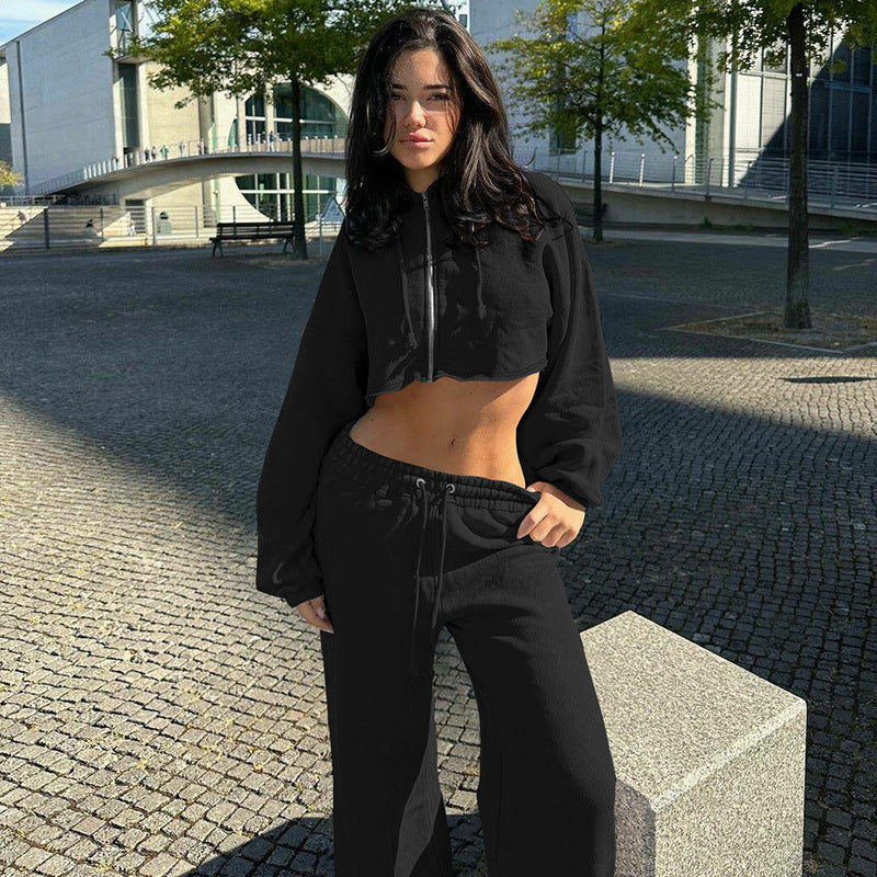 Cropped Hoodie Set, Zip-Up Sweatshirt & Wide Leg Sweatpants