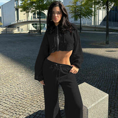 Cropped Hoodie Set, Zip-Up Sweatshirt & Wide Leg Sweatpants