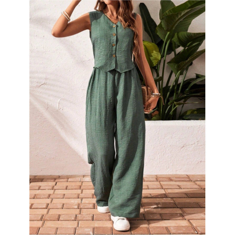 Green V-Neck Button Vest & Wide-Leg Pants Two-Piece Set