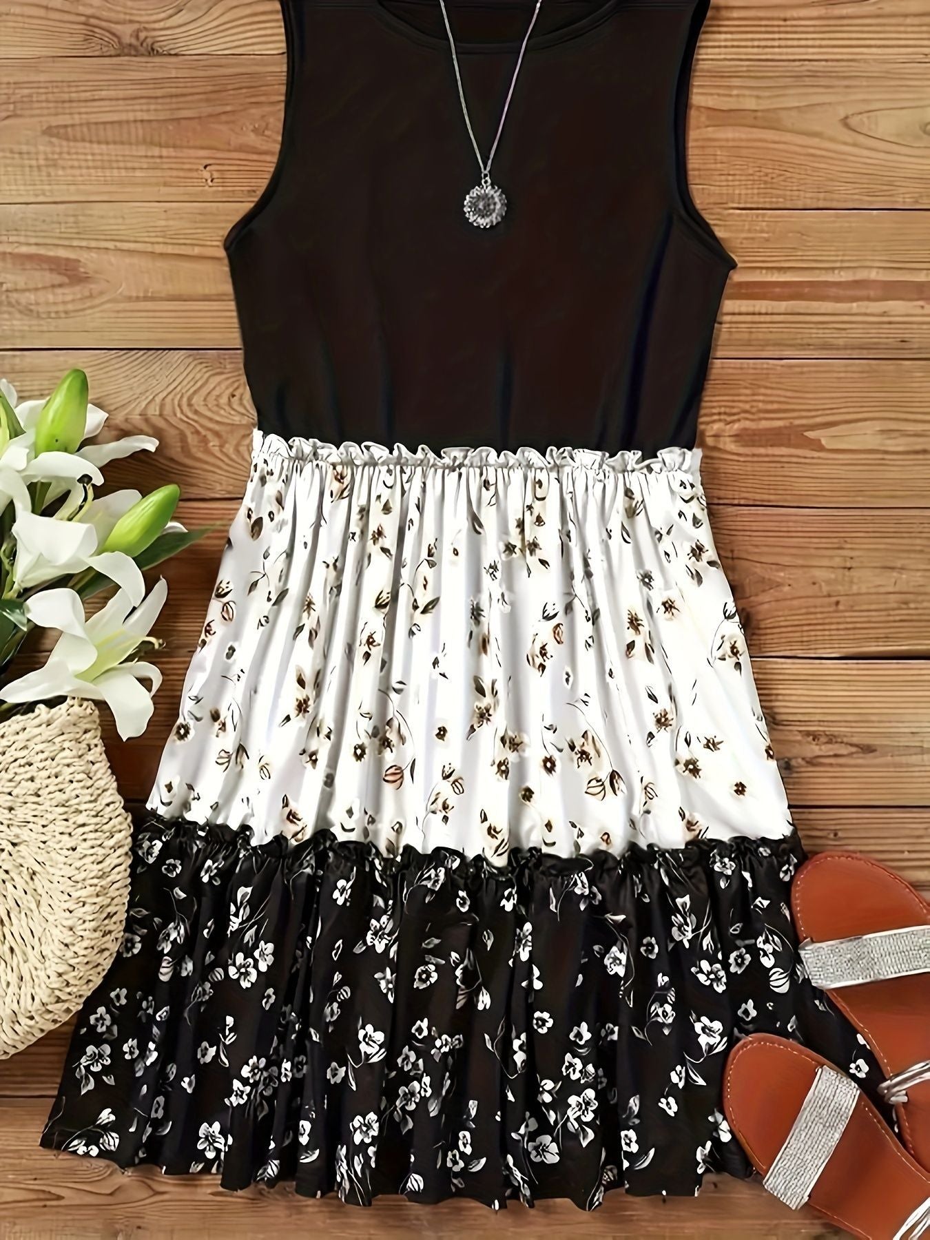 Crew Neck Sleeveless Color Block Floral Patchwork Ruffle Tiered Mini Dress
