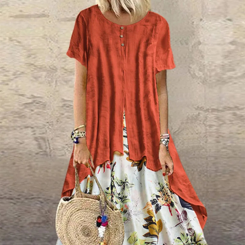 Fake Two-Piece Printed Linen Midi Dress