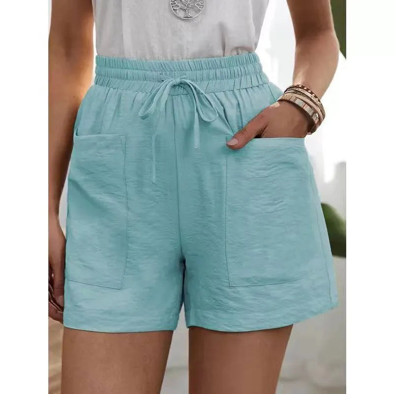 Solid Color Elastic Waist Drawstring Pocket Detail Wide Leg Shorts