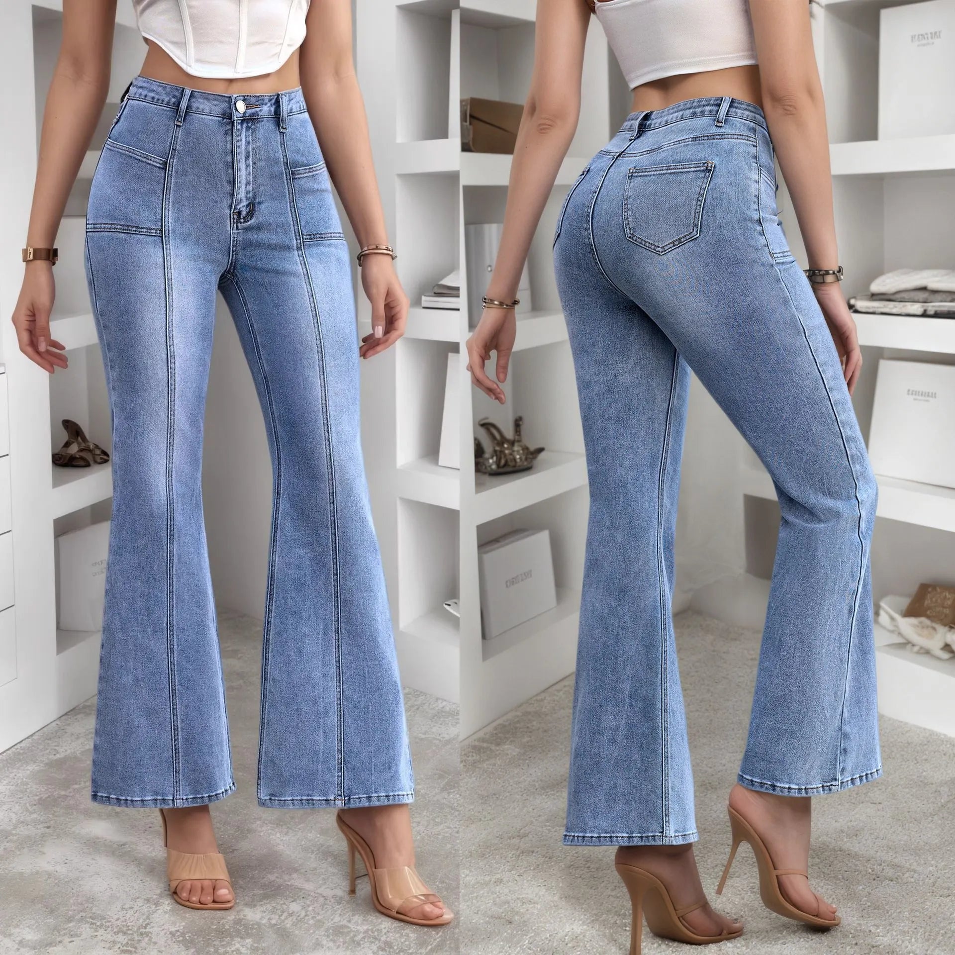 Mid-Rise Washed Solid Color Slim Flared Stretch Long Denim Jeans
