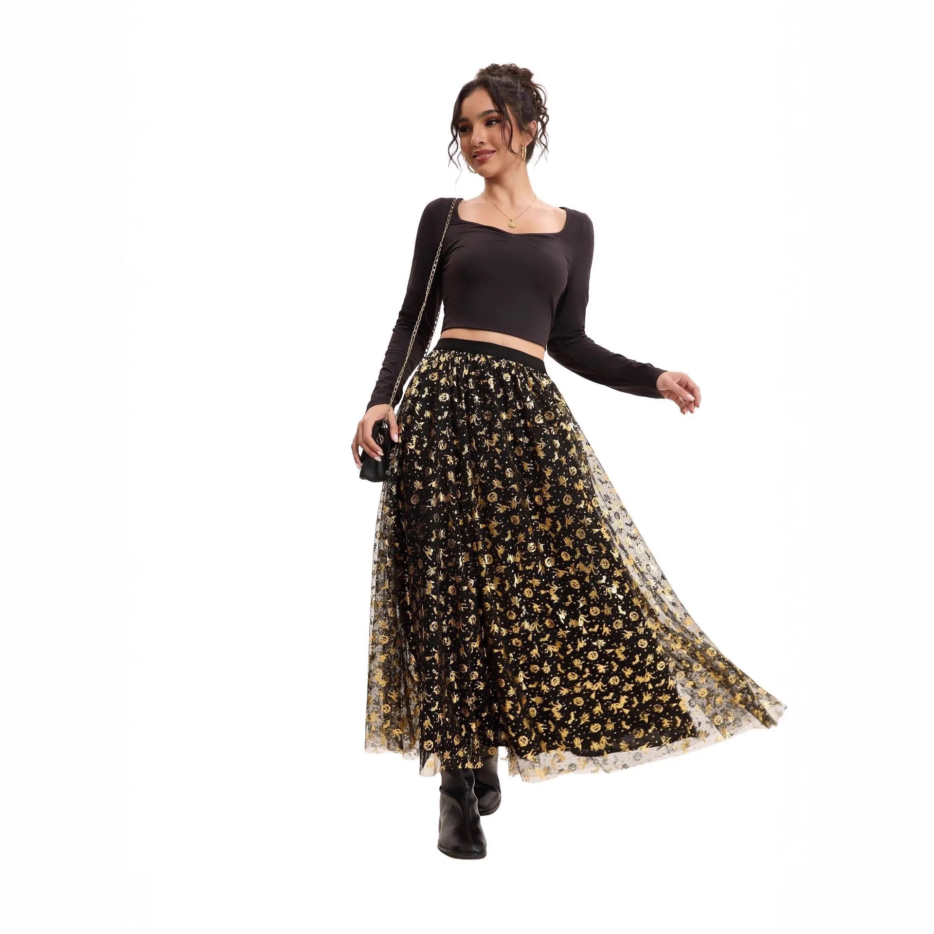 Halloween Pumpkin Witch Bat Print Tulle Long Maxi Skirt