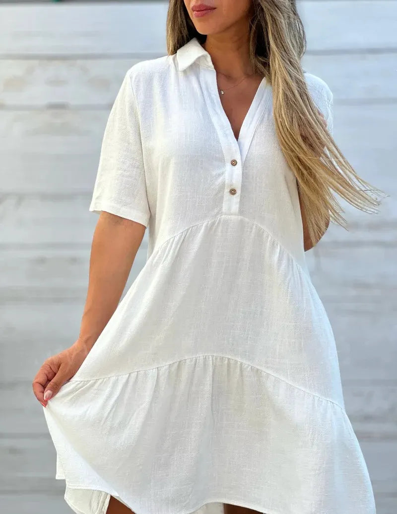 Solid Lapel Half Button Short Sleeve Loose Tiered Cotton Linen Midi Shirt Dress