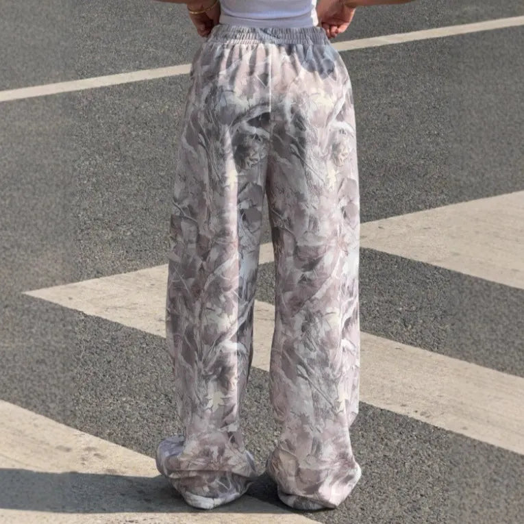 Camo Maple Leaf Print Wide Leg Pants Elastic Waist Loose Casual Trousers