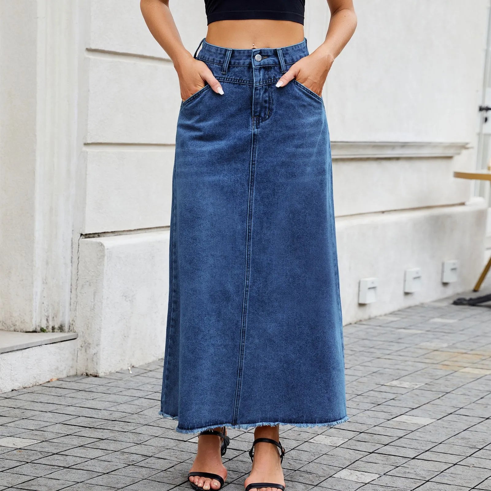 Raw Hem Denim Maxi Skirt