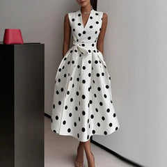 Polka Dot V Neck Sleeveless Wrap Tie High Waist A-Line Midi Dress