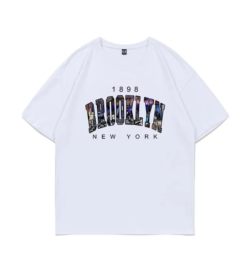 Men's Brooklyn Letter Print Loose Cotton Short Sleeve T-Shirt