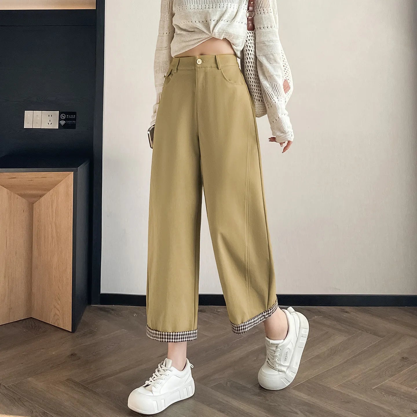 High Waist Contrast Trim Wide Leg Pants