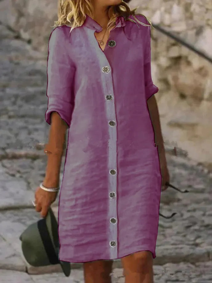 Cotton Linen Button-Front Shirt Dress