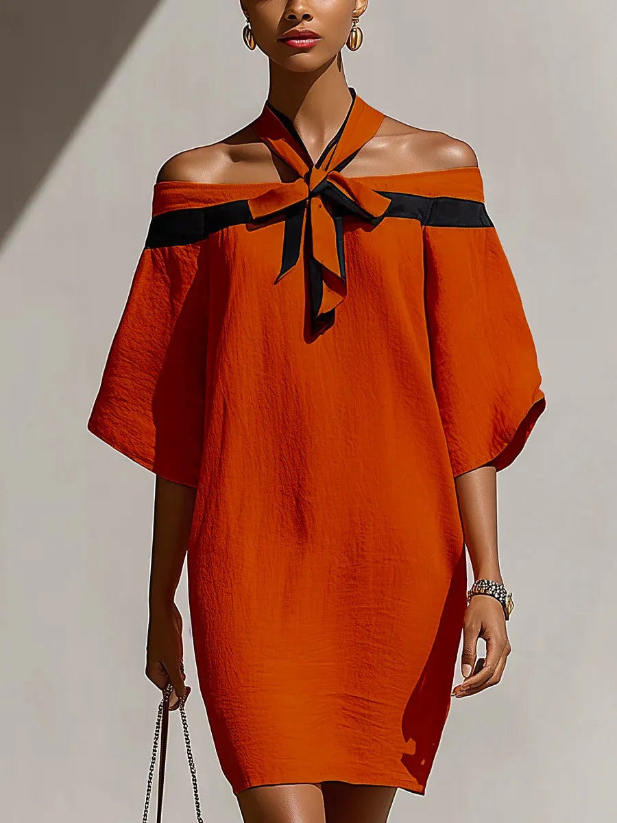 Off Shoulder Bow Tie Contrast Trim Batwing Sleeve Mini Dress