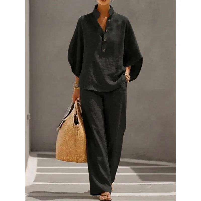 Solid Color Casual Two-Piece Shirt & Pants Set