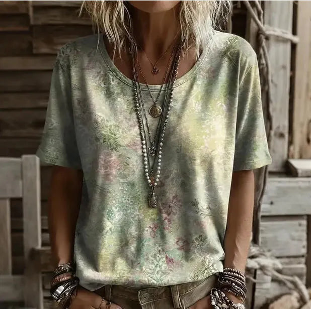 3D Color Block Print V Neck Rolled Short Sleeve Casual Tee