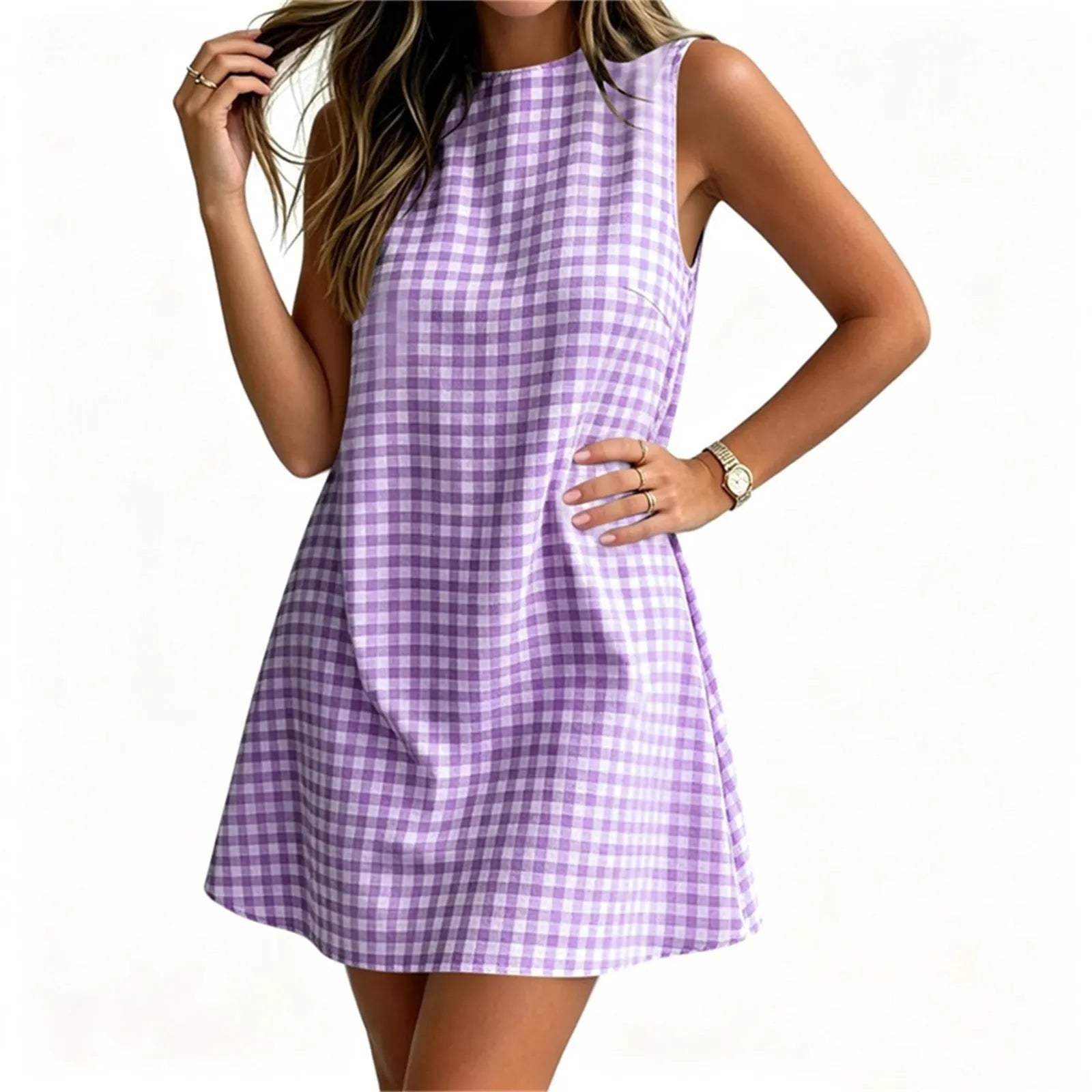 Round Neck Gingham Check Sleeveless Loose A-Line Mini Casual Dress
