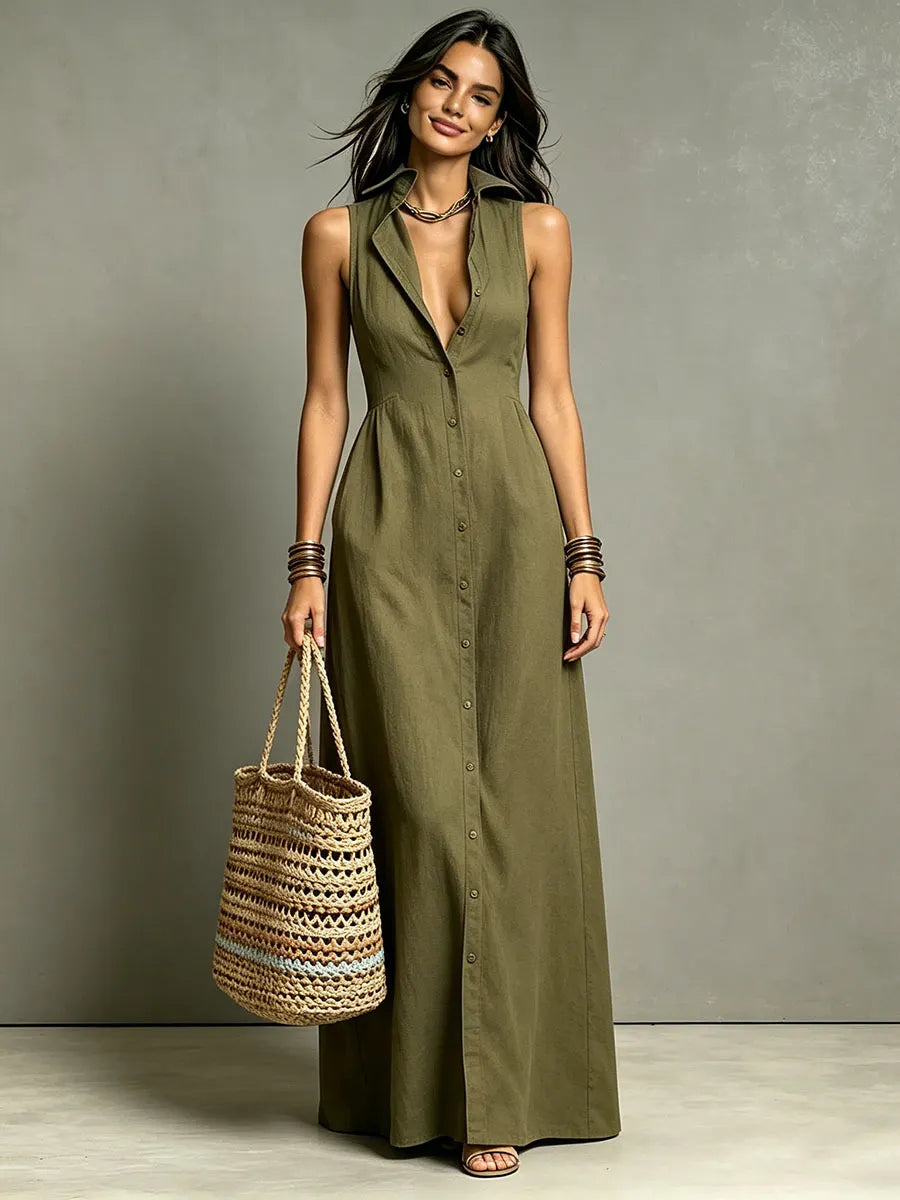 Sleeveless Collared Linen Shirt Maxi Dress