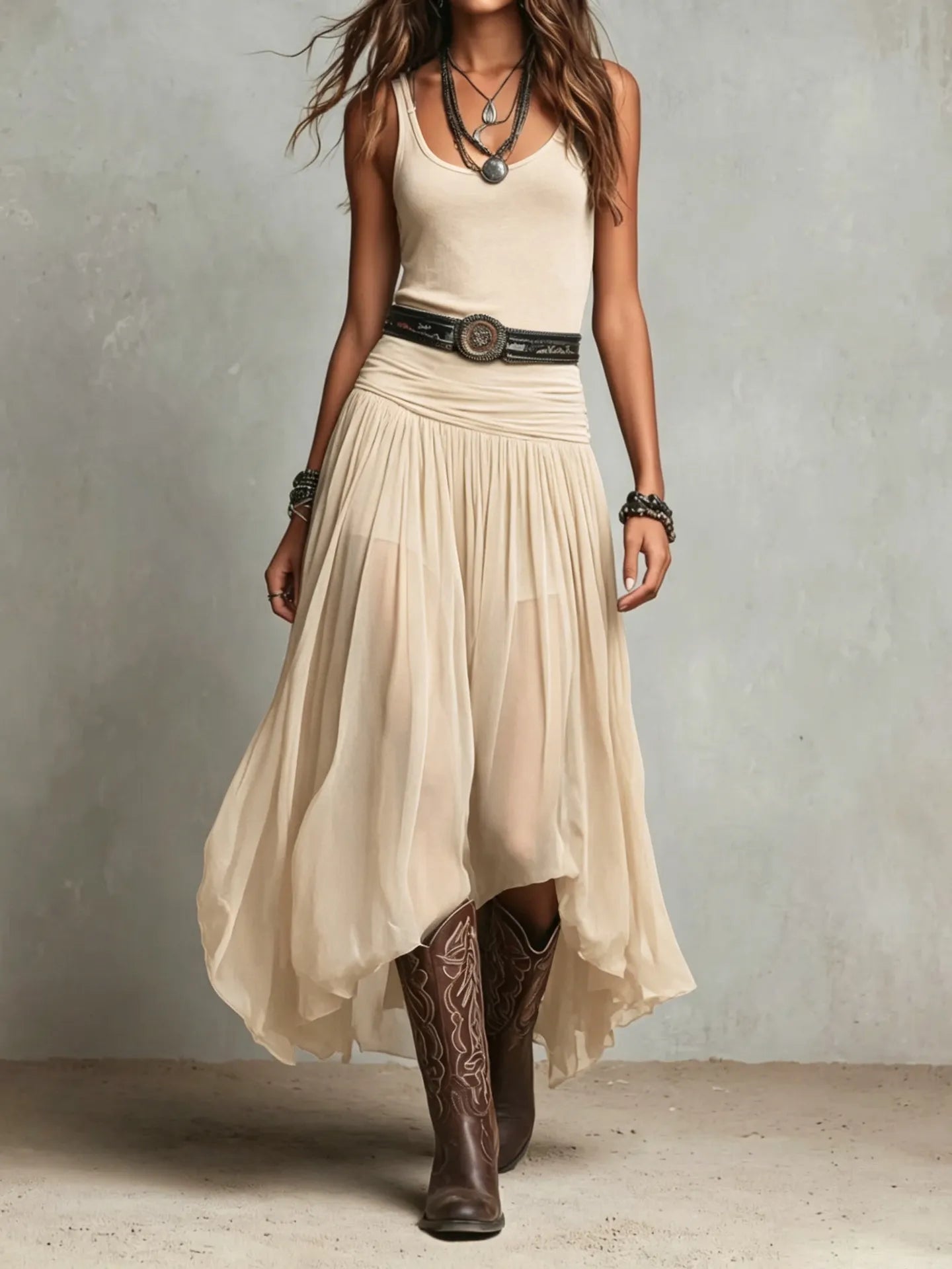 Solid Sleeveless Low Neck Mid Waist Mesh Spliced Irregular A-Line Maxi Dress