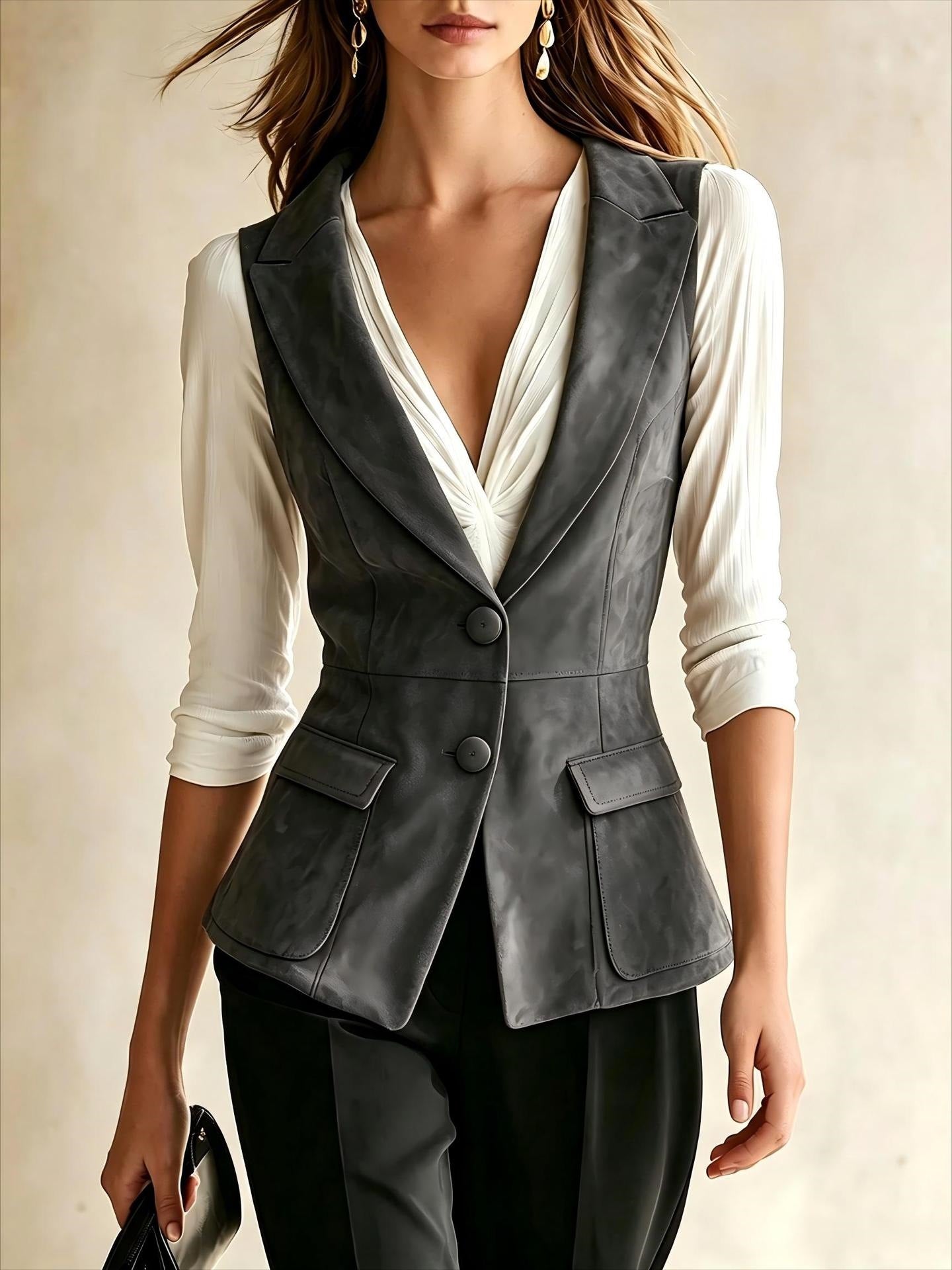 Black Fitted Blazer Vest, Sleeveless Notched Lapel Button Waistcoat for Office & Daily