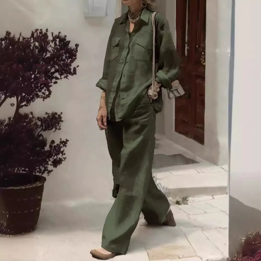 Linen Blend 2-Piece Outfit, Long Sleeve Button-Down Shirt and Wide Leg Pants Set