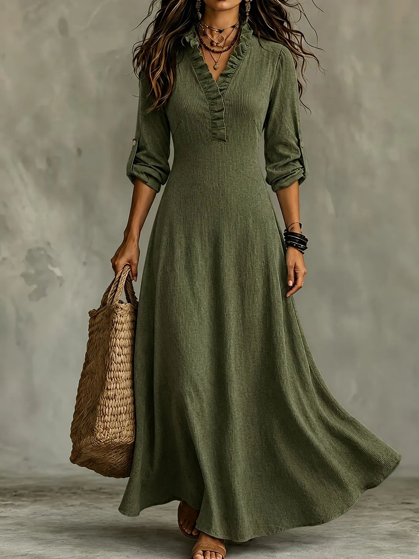 Olive Green Ruffled V-Neck Long Sleeve Flowy Maxi Dress