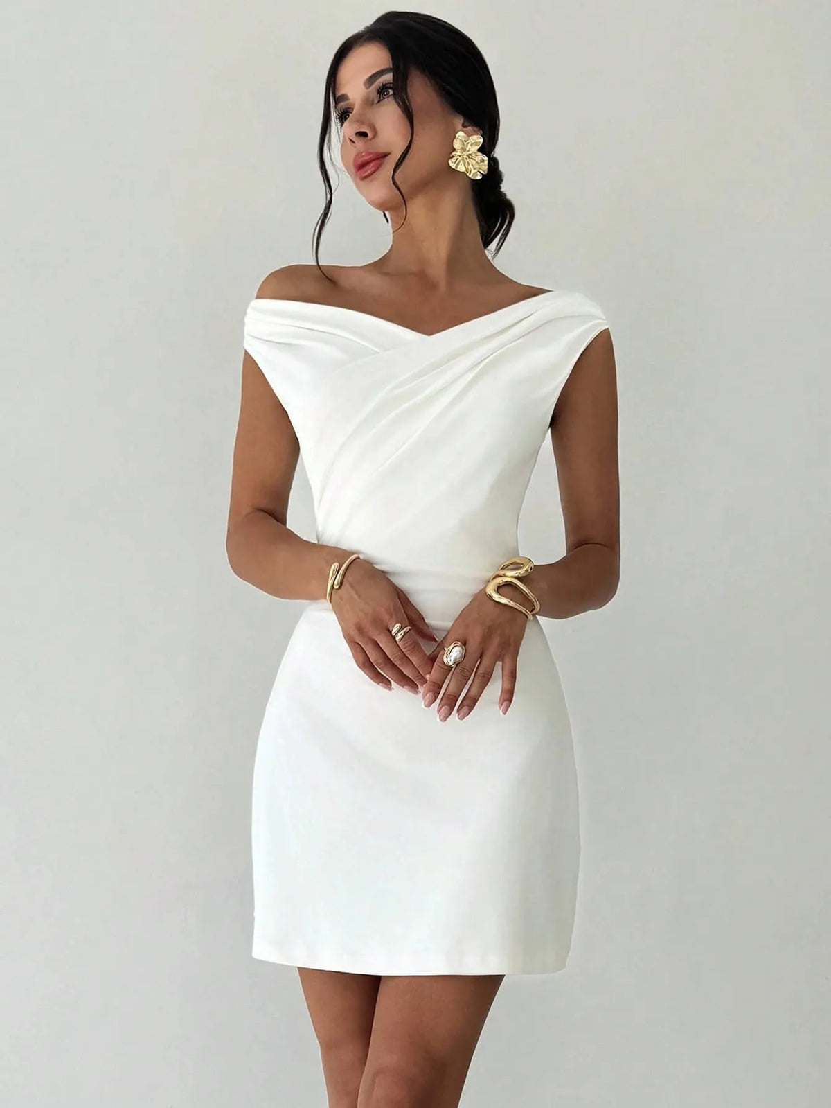 Off Shoulder Ruched Stitching High Waist Solid H-Type Bodycon Mini Dress