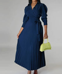 Wrap Front Pleated Midi Dress with Puff Sleeves